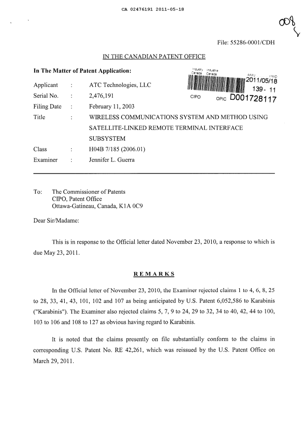 Canadian Patent Document 2476191. Prosecution-Amendment 20110518. Image 1 of 5