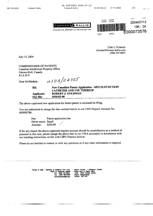 Canadian Patent Document 2476263. Assignment 20040713. Image 1 of 4