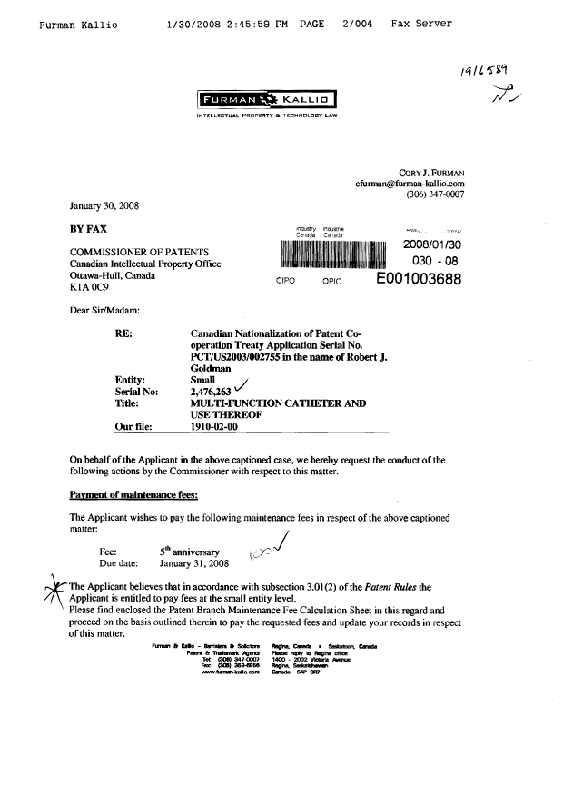 Canadian Patent Document 2476263. Fees 20080130. Image 1 of 3