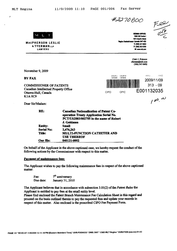 Canadian Patent Document 2476263. Fees 20091109. Image 1 of 3