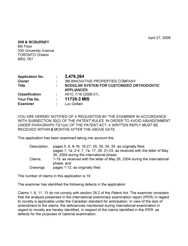 Canadian Patent Document 2476264. Prosecution-Amendment 20090427. Image 1 of 2