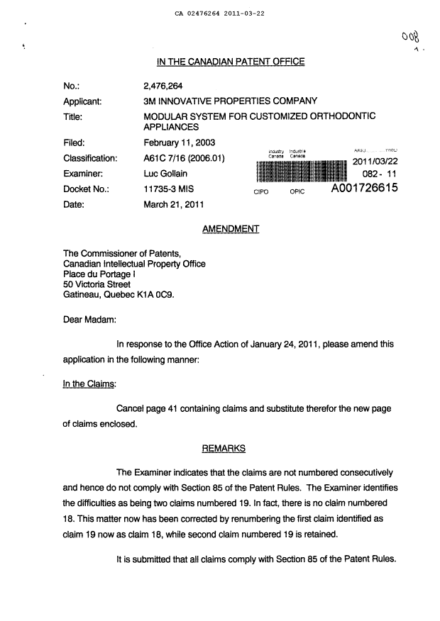 Canadian Patent Document 2476264. Prosecution-Amendment 20110322. Image 1 of 3