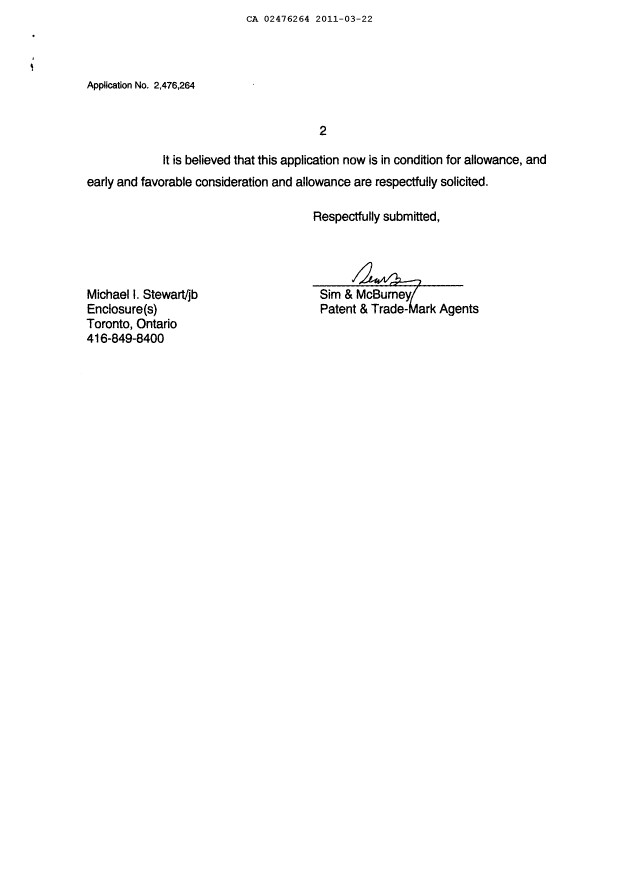 Canadian Patent Document 2476264. Prosecution-Amendment 20110322. Image 2 of 3