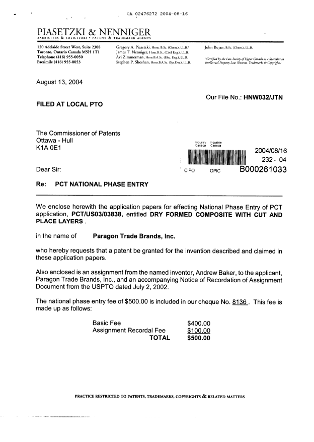 Document de brevet canadien 2476272. Cession 20040816. Image 1 de 13