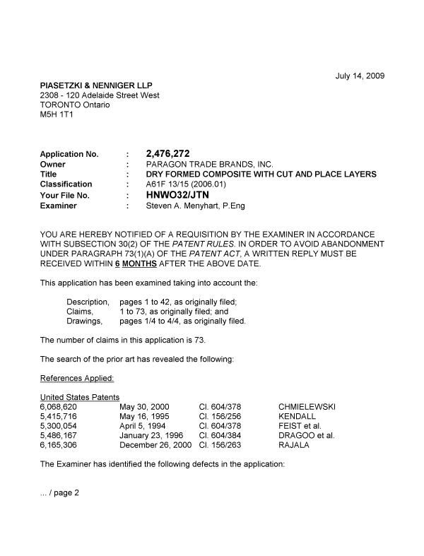 Document de brevet canadien 2476272. Poursuite-Amendment 20090714. Image 1 de 3