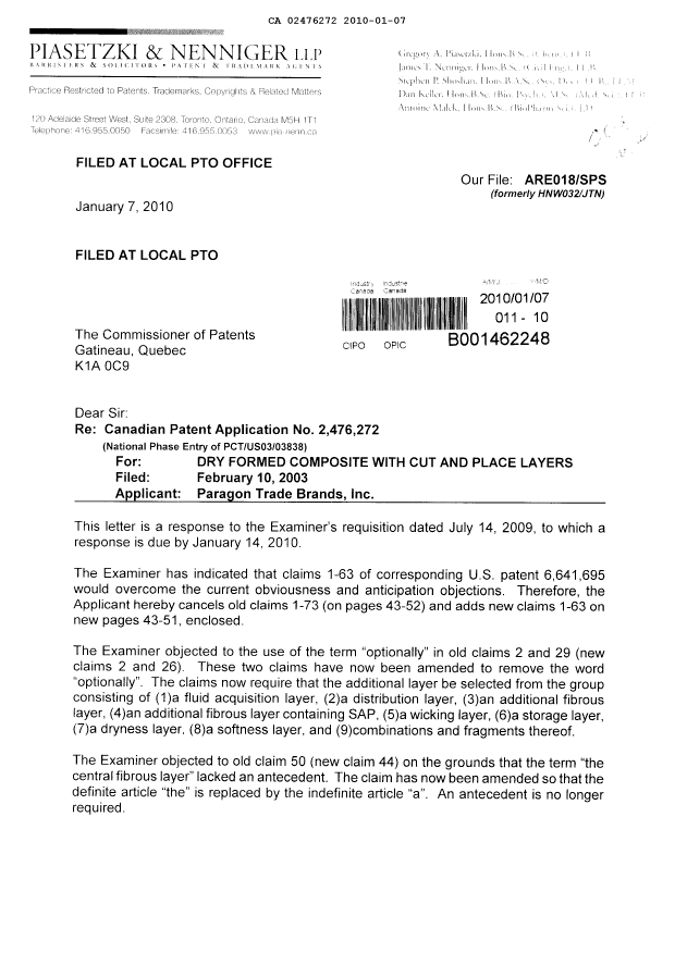 Document de brevet canadien 2476272. Poursuite-Amendment 20100107. Image 1 de 20