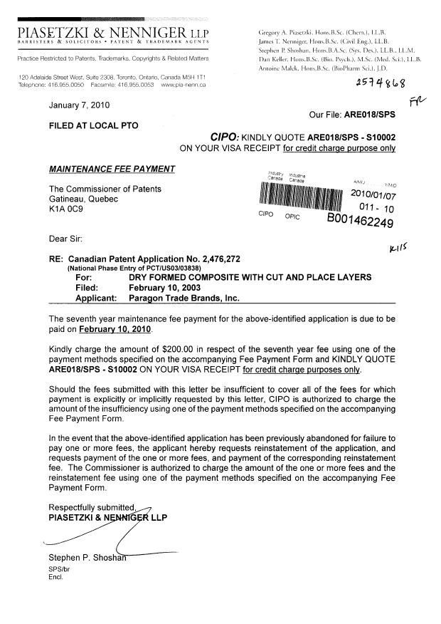 Document de brevet canadien 2476272. Taxes 20100107. Image 1 de 1
