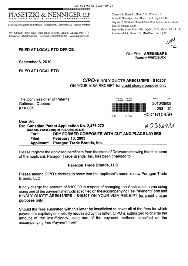 Document de brevet canadien 2476272. Cession 20100909. Image 1 de 7