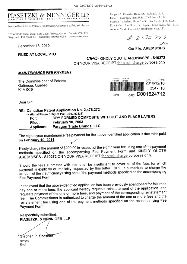 Document de brevet canadien 2476272. Taxes 20101216. Image 1 de 1