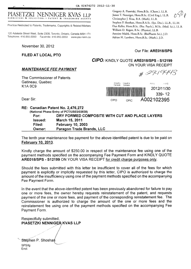 Document de brevet canadien 2476272. Taxes 20121130. Image 1 de 1