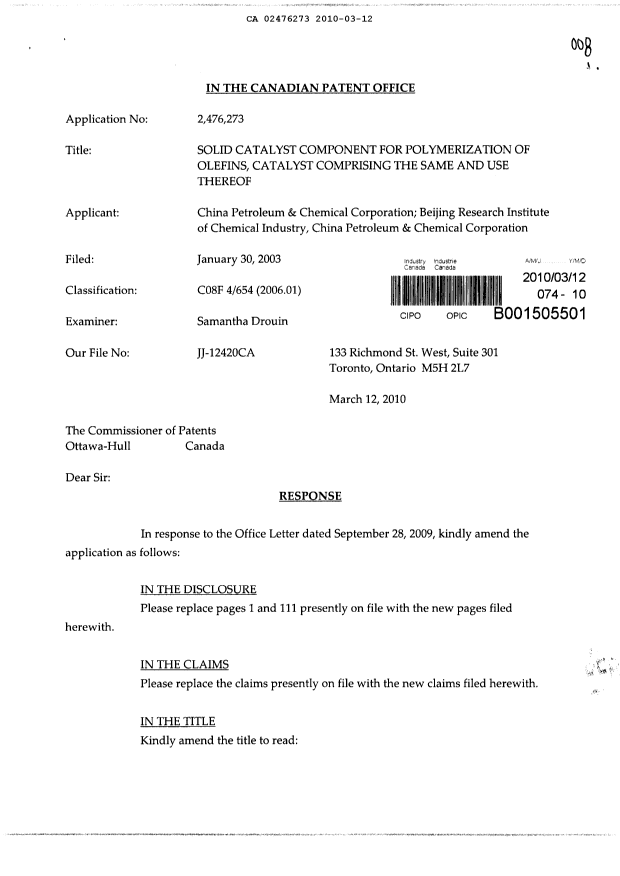 Canadian Patent Document 2476273. Prosecution-Amendment 20100312. Image 1 of 20