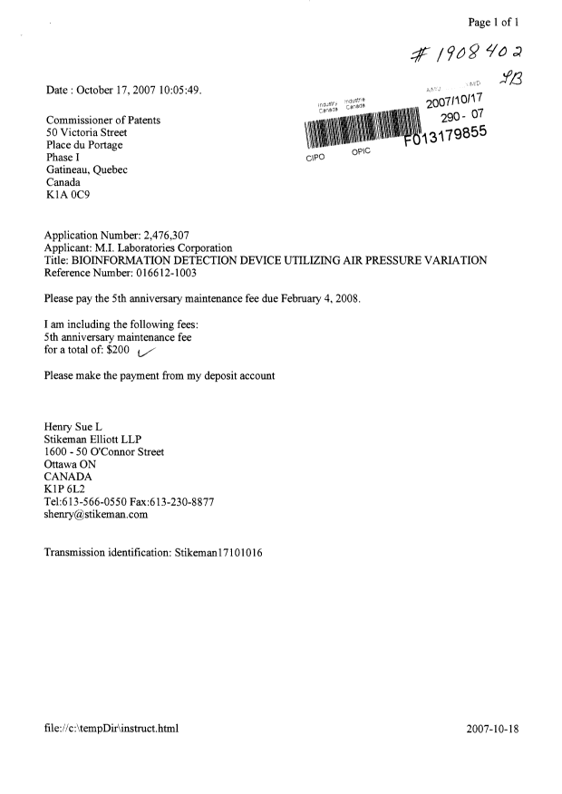 Canadian Patent Document 2476307. Fees 20071017. Image 1 of 1