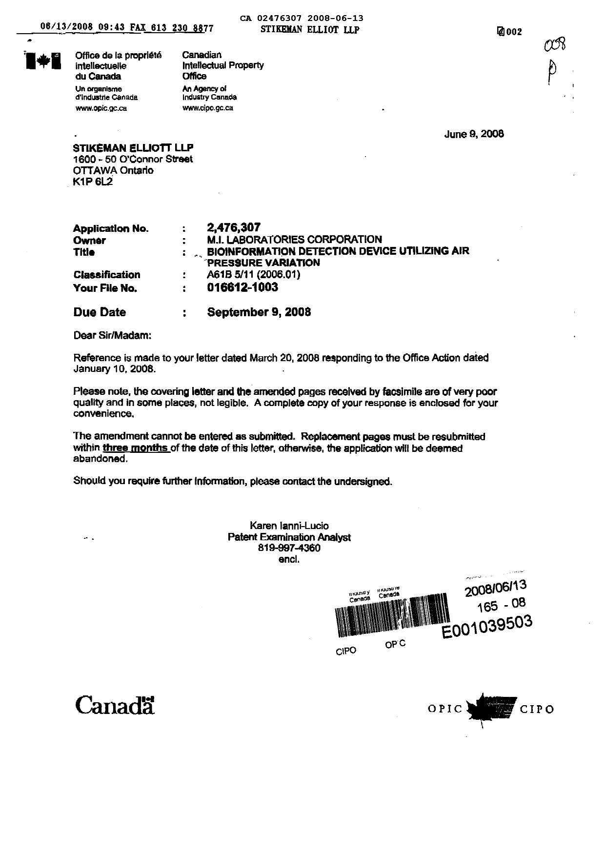Canadian Patent Document 2476307. Prosecution-Amendment 20080613. Image 1 of 5