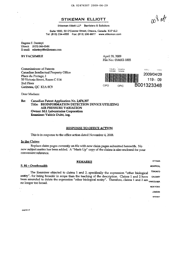Canadian Patent Document 2476307. Prosecution-Amendment 20090429. Image 1 of 6