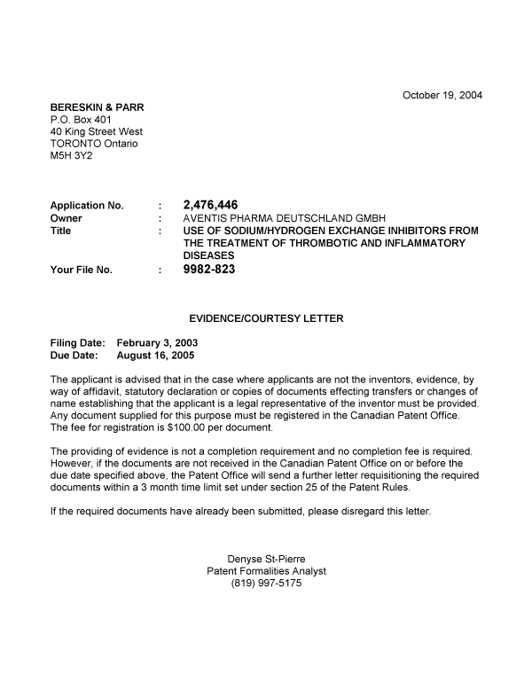 Document de brevet canadien 2476446. Correspondance 20041018. Image 1 de 1