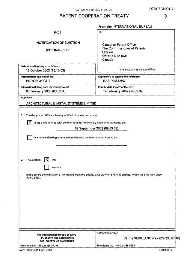 Document de brevet canadien 2476449. PCT 20040816. Image 1 de 15