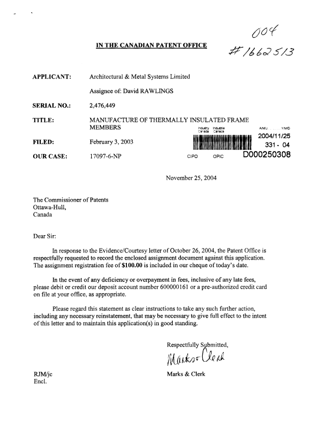 Document de brevet canadien 2476449. Cession 20041125. Image 1 de 2