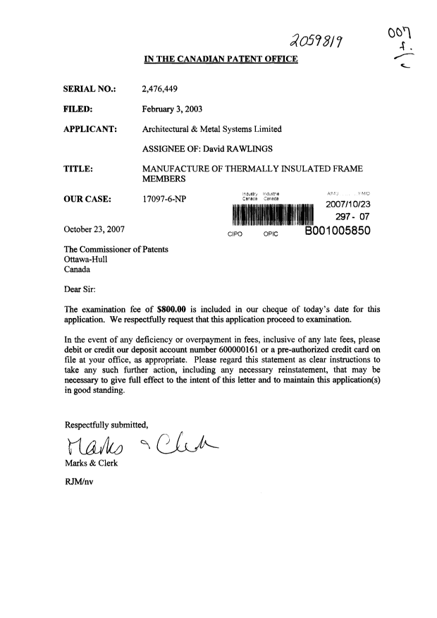 Document de brevet canadien 2476449. Poursuite-Amendment 20071023. Image 1 de 1