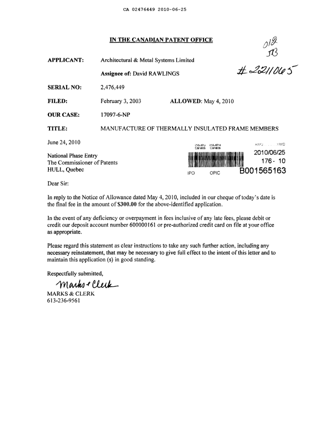 Document de brevet canadien 2476449. Correspondance 20100625. Image 1 de 1