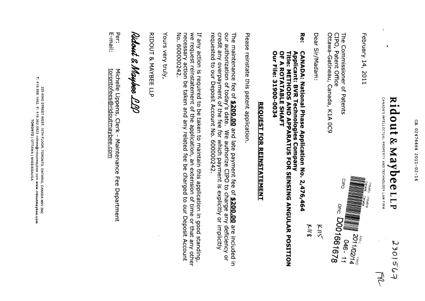 Canadian Patent Document 2476464. Fees 20110214. Image 1 of 1
