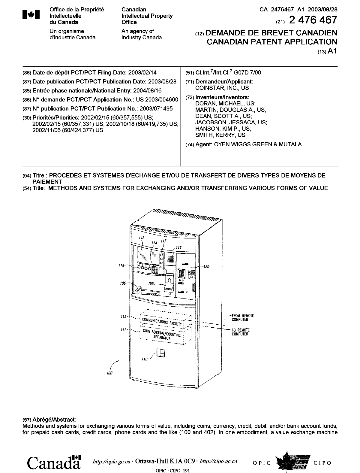 Document de brevet canadien 2476467. Page couverture 20041112. Image 1 de 2
