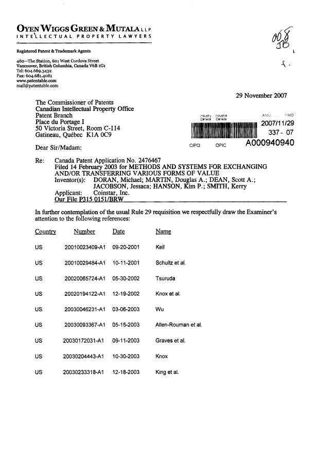 Canadian Patent Document 2476467. Prosecution-Amendment 20061229. Image 1 of 4