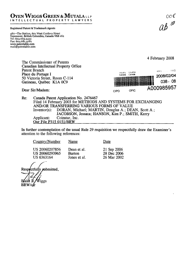 Document de brevet canadien 2476467. Poursuite-Amendment 20080204. Image 1 de 1