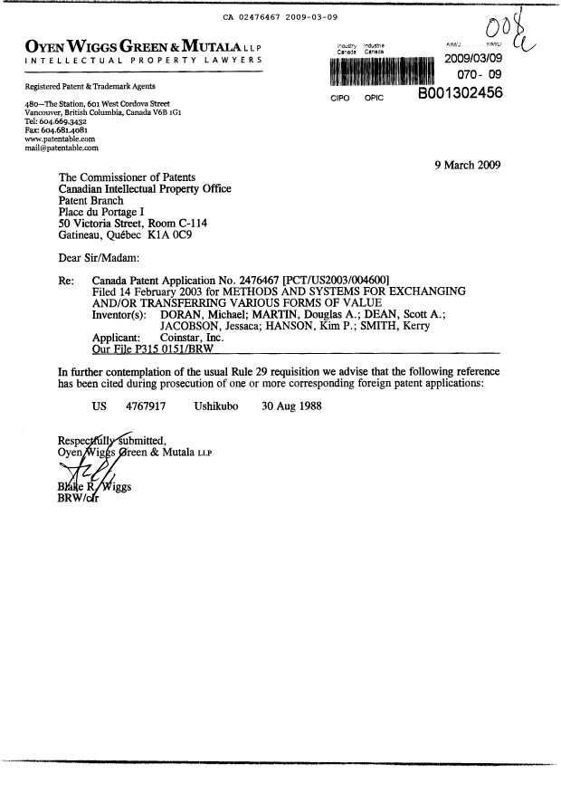 Canadian Patent Document 2476467. Prosecution-Amendment 20081209. Image 1 of 1