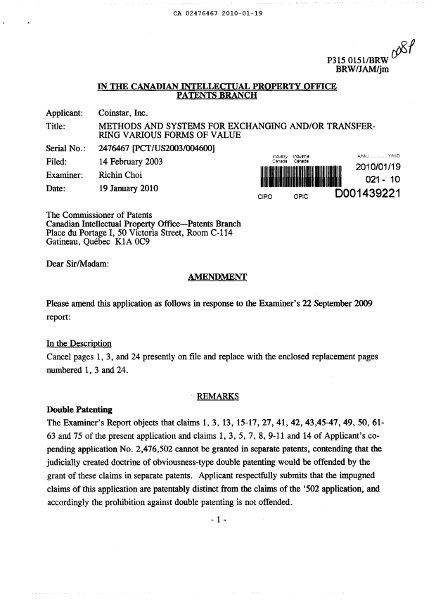 Canadian Patent Document 2476467. Prosecution-Amendment 20091219. Image 1 of 6