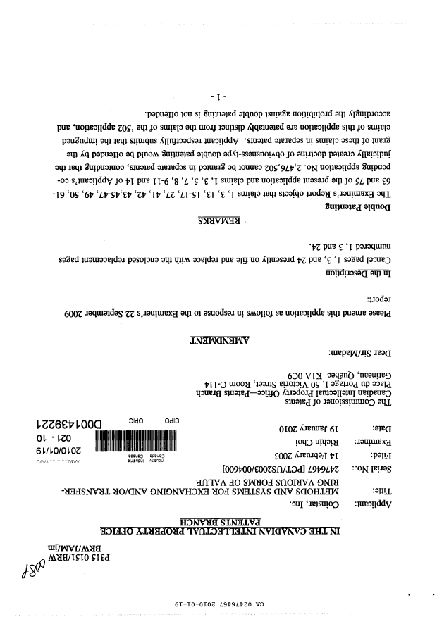 Canadian Patent Document 2476467. Prosecution-Amendment 20091219. Image 1 of 6