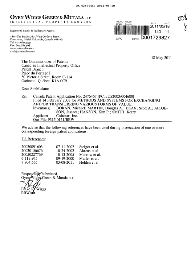 Canadian Patent Document 2476467. Prosecution-Amendment 20101218. Image 1 of 1