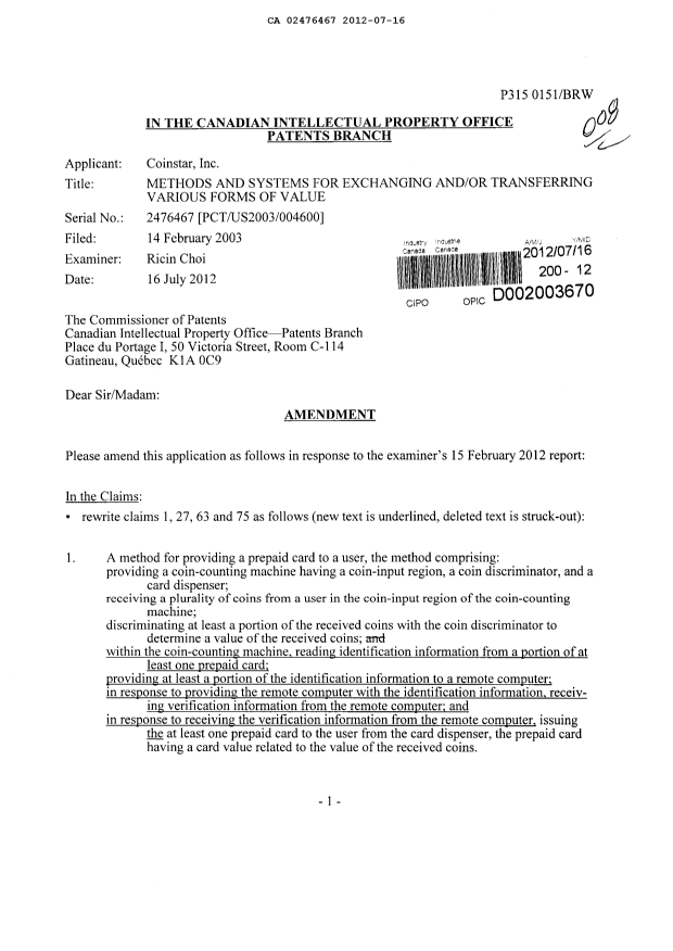 Document de brevet canadien 2476467. Poursuite-Amendment 20120716. Image 1 de 31