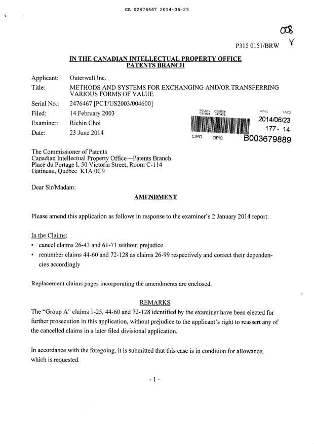 Document de brevet canadien 2476467. Poursuite-Amendment 20131223. Image 1 de 28