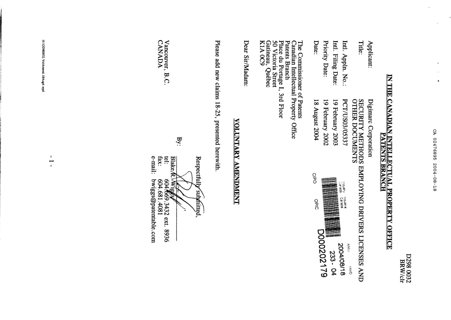 Canadian Patent Document 2476895. Prosecution-Amendment 20040818. Image 1 of 3