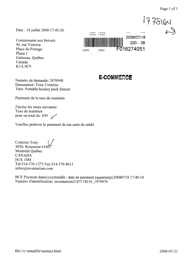 Document de brevet canadien 2476948. Taxes 20080718. Image 1 de 1