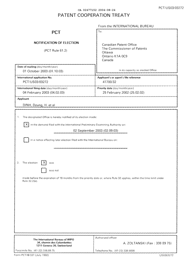 Document de brevet canadien 2477152. PCT 20040824. Image 1 de 5