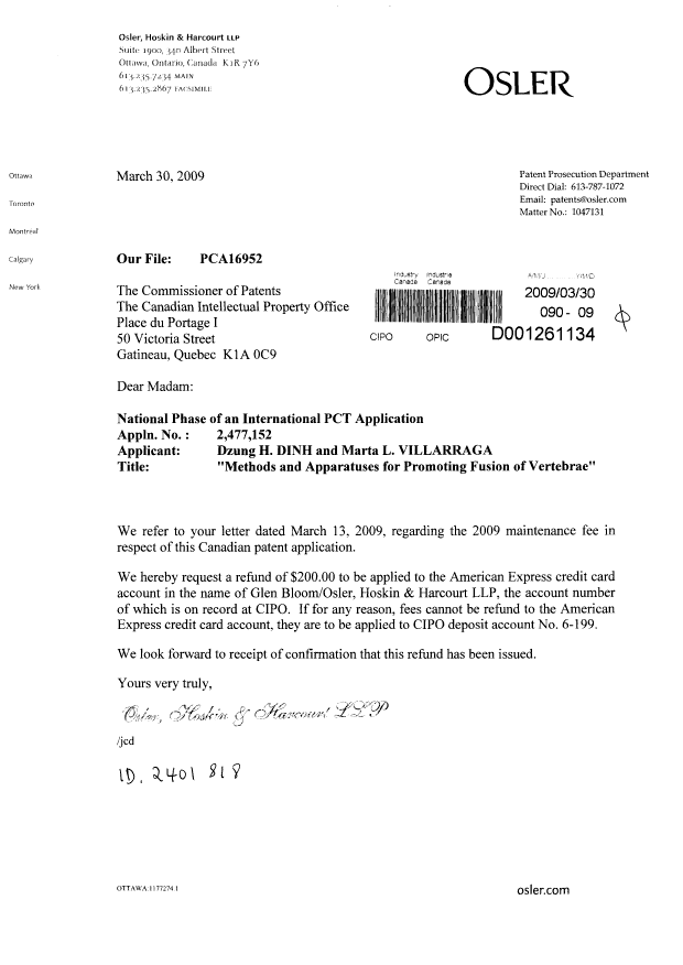 Document de brevet canadien 2477152. Correspondance 20090330. Image 1 de 1