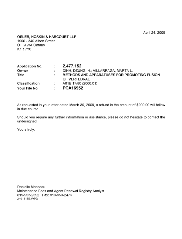 Document de brevet canadien 2477152. Correspondance 20090424. Image 1 de 1