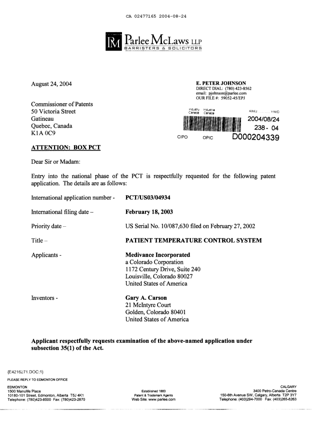 Document de brevet canadien 2477165. Cession 20040824. Image 1 de 9