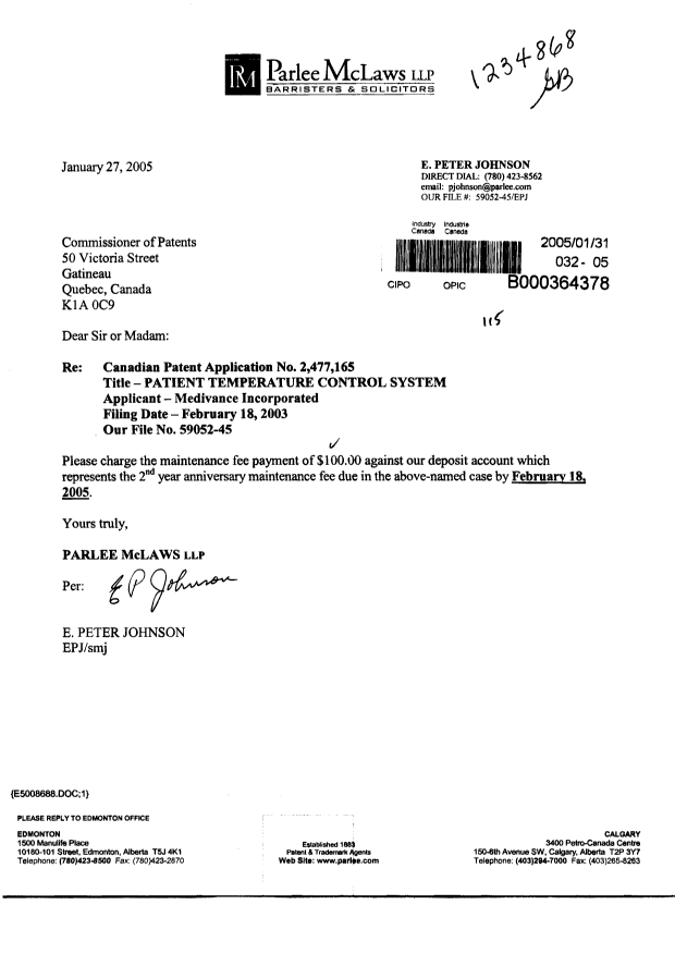 Document de brevet canadien 2477165. Taxes 20050131. Image 1 de 1