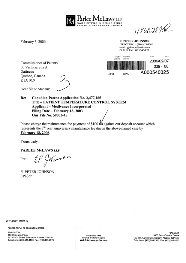 Document de brevet canadien 2477165. Taxes 20060207. Image 1 de 1