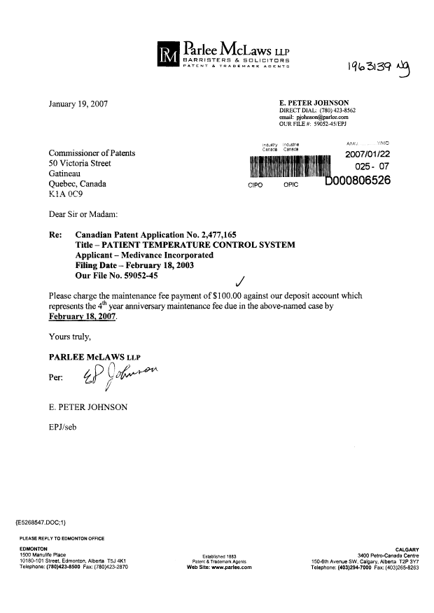Canadian Patent Document 2477165. Fees 20070122. Image 1 of 1