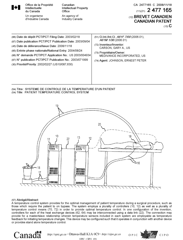 Document de brevet canadien 2477165. Page couverture 20081103. Image 1 de 1