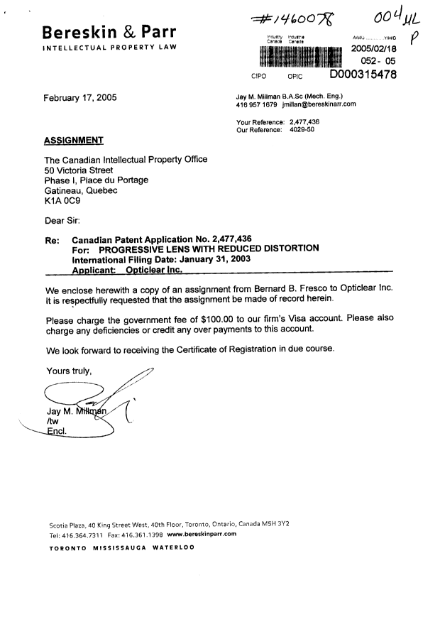 Document de brevet canadien 2477436. Cession 20050218. Image 1 de 3