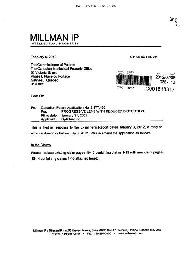 Document de brevet canadien 2477436. Poursuite-Amendment 20120206. Image 1 de 8