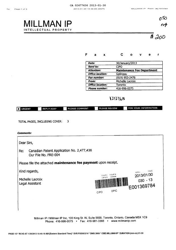 Document de brevet canadien 2477436. Taxes 20130130. Image 1 de 2