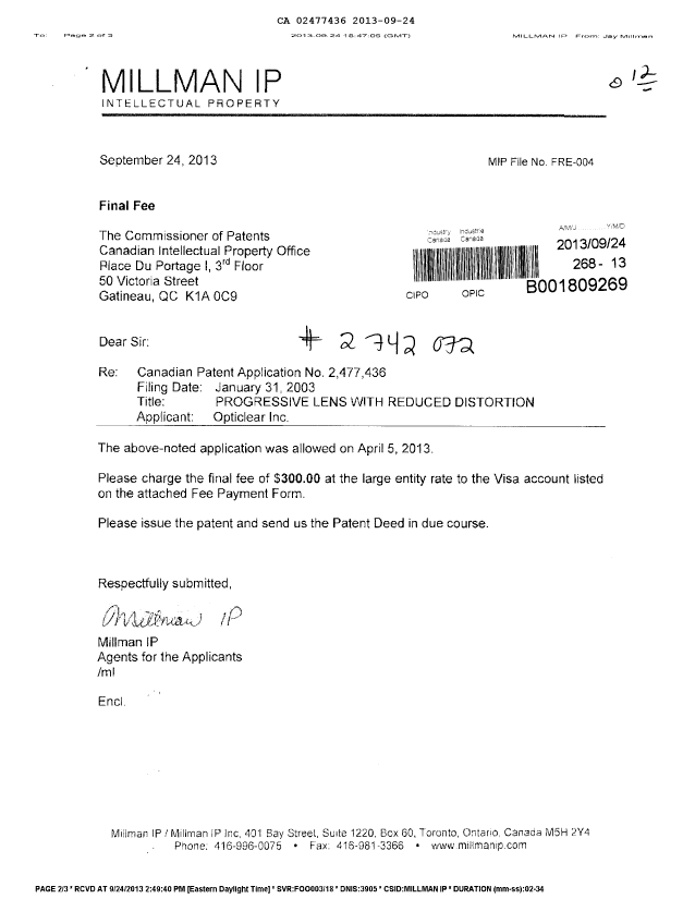 Document de brevet canadien 2477436. Correspondance 20130924. Image 1 de 2