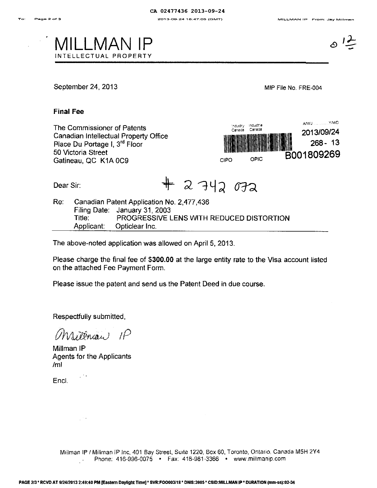 Canadian Patent Document 2477436. Correspondence 20130924. Image 1 of 2