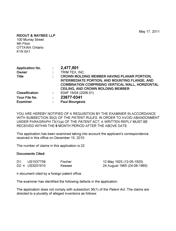 Canadian Patent Document 2477501. Prosecution-Amendment 20110517. Image 1 of 3