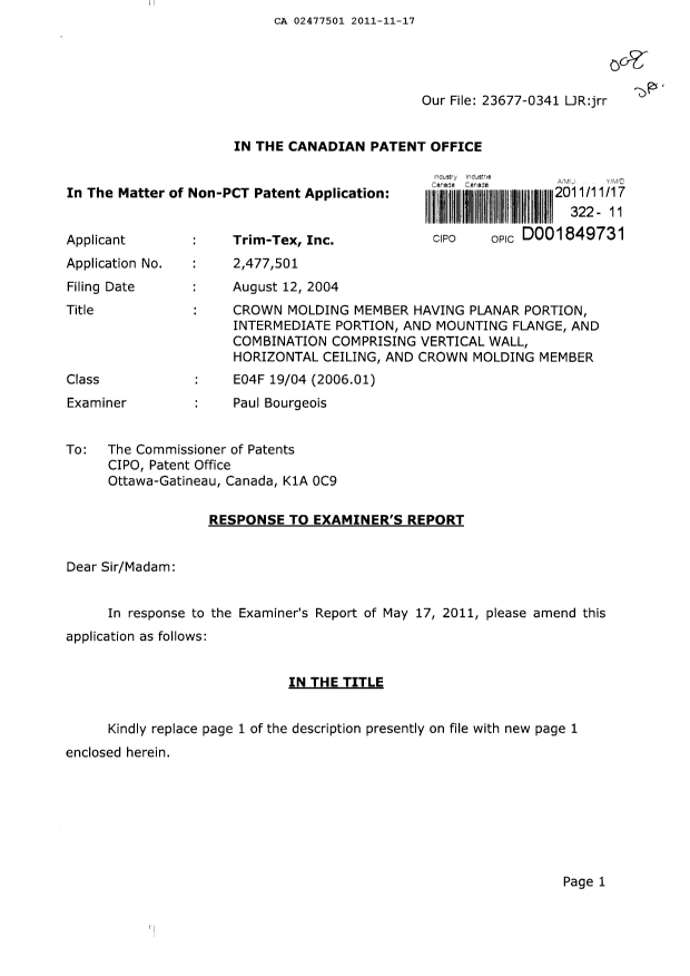 Document de brevet canadien 2477501. Poursuite-Amendment 20111117. Image 1 de 10